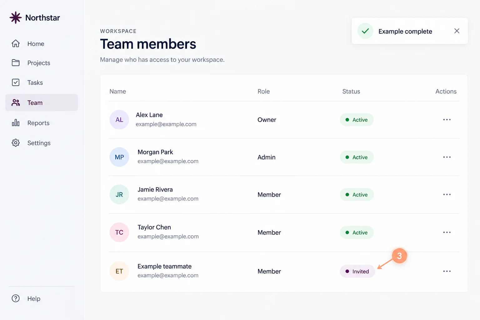 Illustrative team list showing an example invitation.