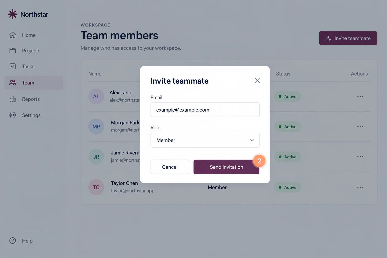 Illustrative invitation dialog with an email and member role.